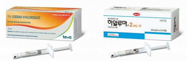 미국(좌)과 한국에서 판매되는 히알루마 패키지 (사진출처 = 한미약품 제공)