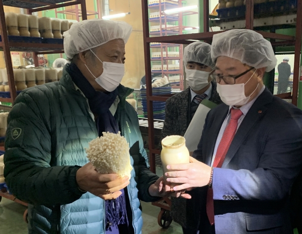 박일준 한국동서발전 사장(오른쪽)이 그린피스농원 관계자로부터 버섯 생산시설에 대한 설명을 듣고 있다. [사진=동서발전]