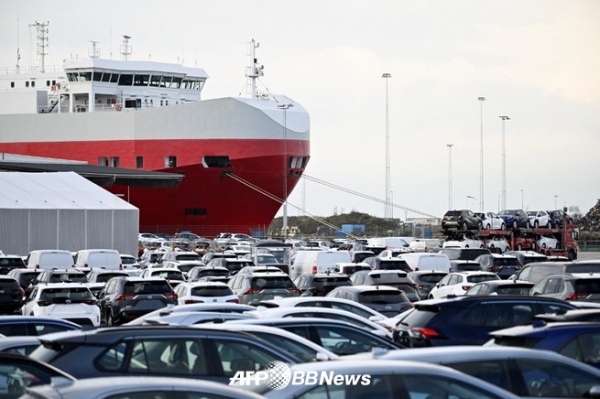 스웨덴 말뫼 항에서 항구 노동자들이 파업 중인 미국 전기차 업체 테슬라의 차량 적재를 막고 있는 모습이다.ⓒAFPBBNews