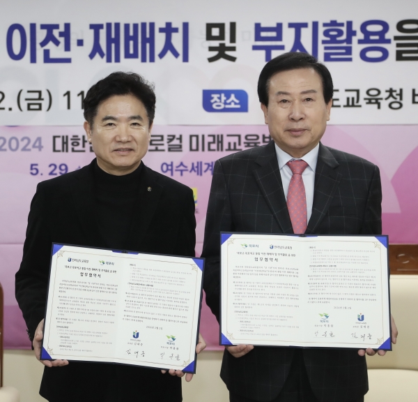 김대중 전남교육감(왼쪽)과 박홍률 목포시장이 협약서를 들여 보이고 있다. / 전남교육청 제공